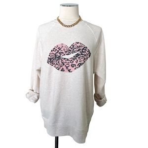 WILDFOX Cotton Blend Leopard Lip Sweatshirt Oatmeal Cream Pink Dark Gray Sz S